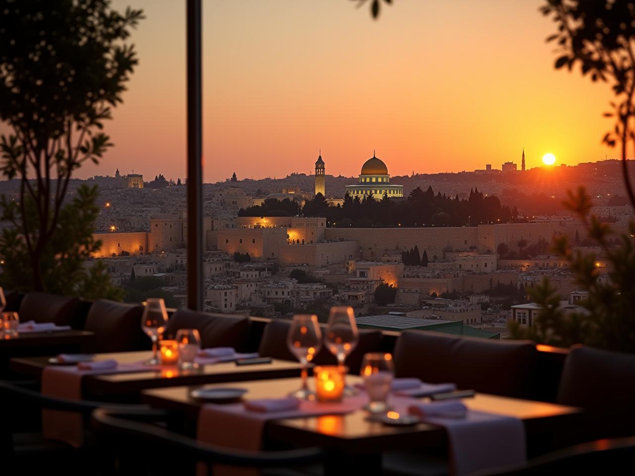 Panoramic view from a restaurant in Jerusalem at sunset, with the Dome of the Rock in the background.