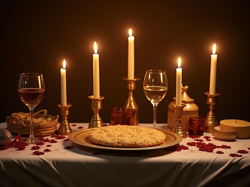 A festively decorated Passover Seder table with matzah, wine, and candles.