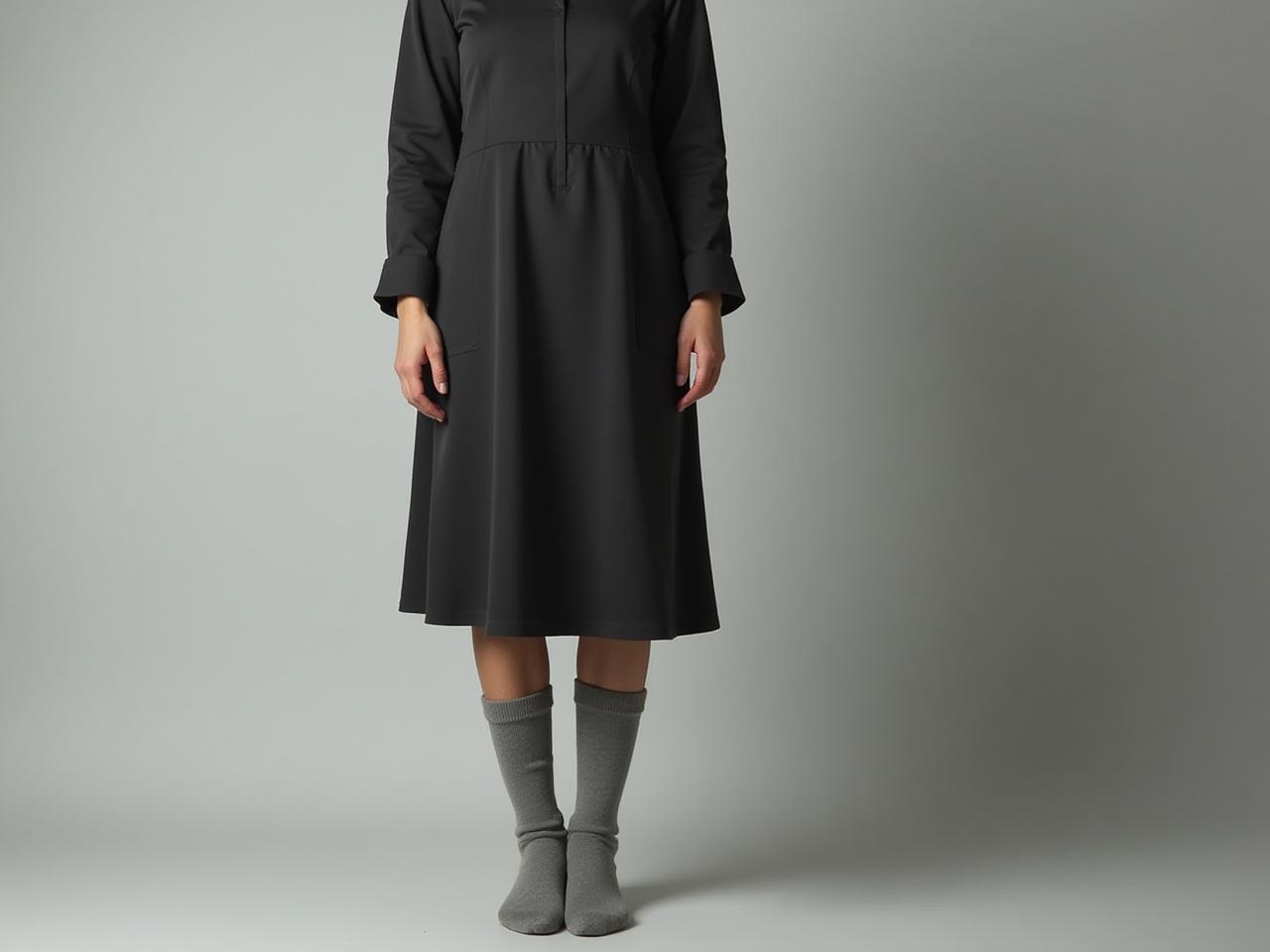 A woman wearing a modest outfit with knee-high socks.