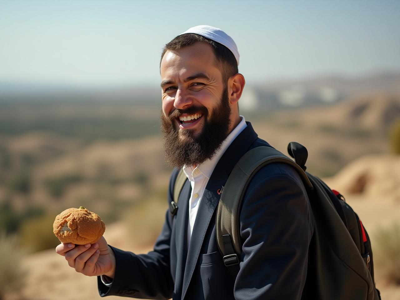 A young Haredi man smiling and holding a sandwich, with a backpack in the background, in front of a foreign landscape.