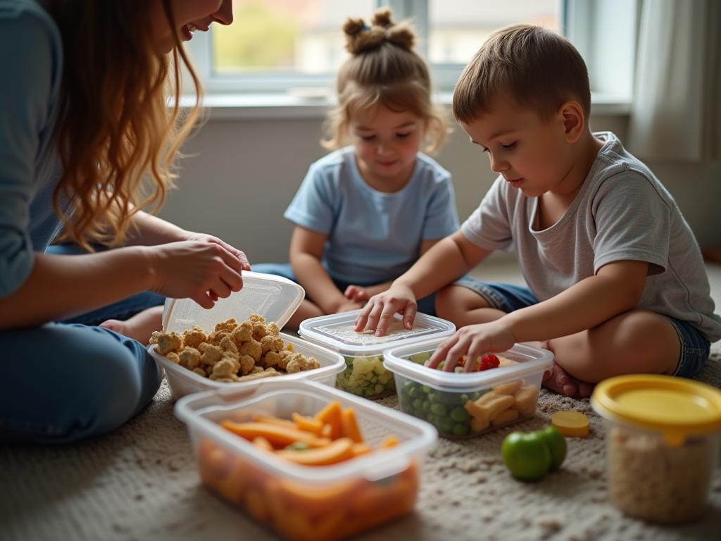 A family packing food containers for a trip, with a focus on organized and separated food items.