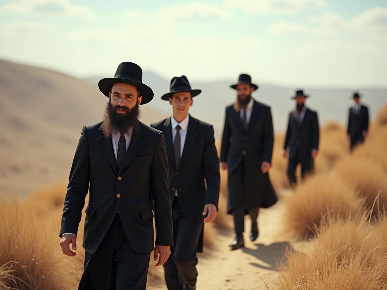 A group of Hasidic young men hiking in the desert during winter.