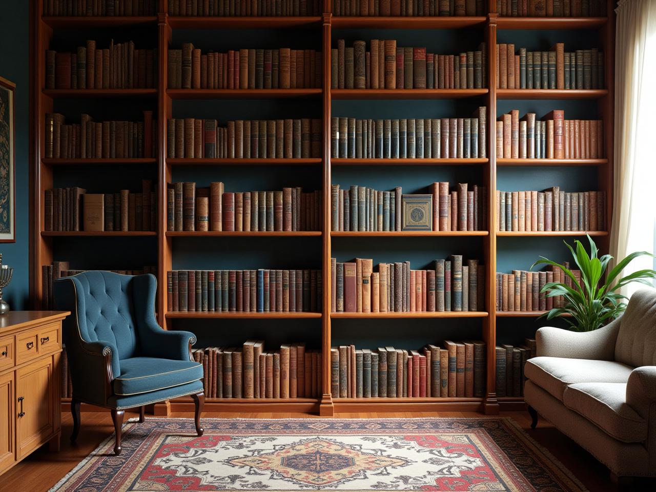 A well-organized home library with books arranged by color and subject, creating a visually appealing and functional space.