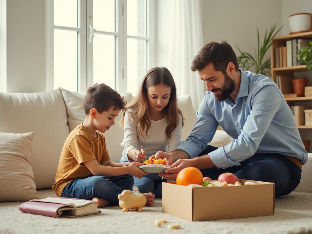 A family packing for a trip, with a focus on kosher food items and religious books.