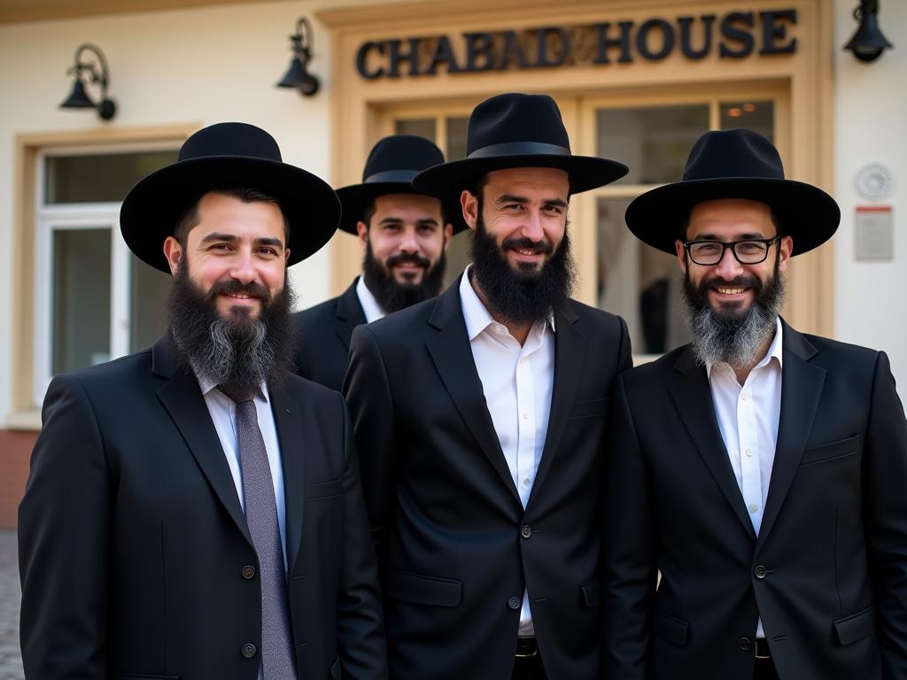 A group of young Haredi men smiling in front of a Chabad House in a foreign country.