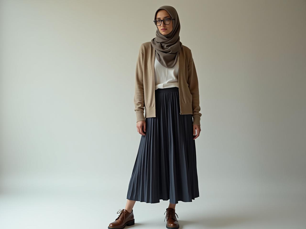 A woman wearing a modest and stylish outfit suitable for transitional weather, including a long skirt, a cardigan, and a scarf.