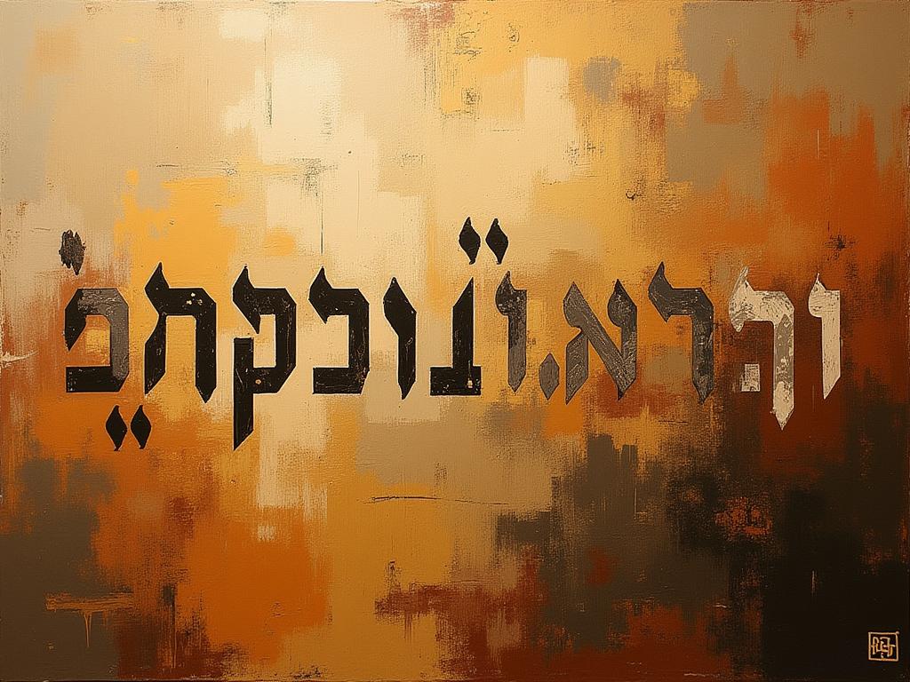 Abstract painting with Hebrew letters in earth tones, art studio in Safed, Israel.