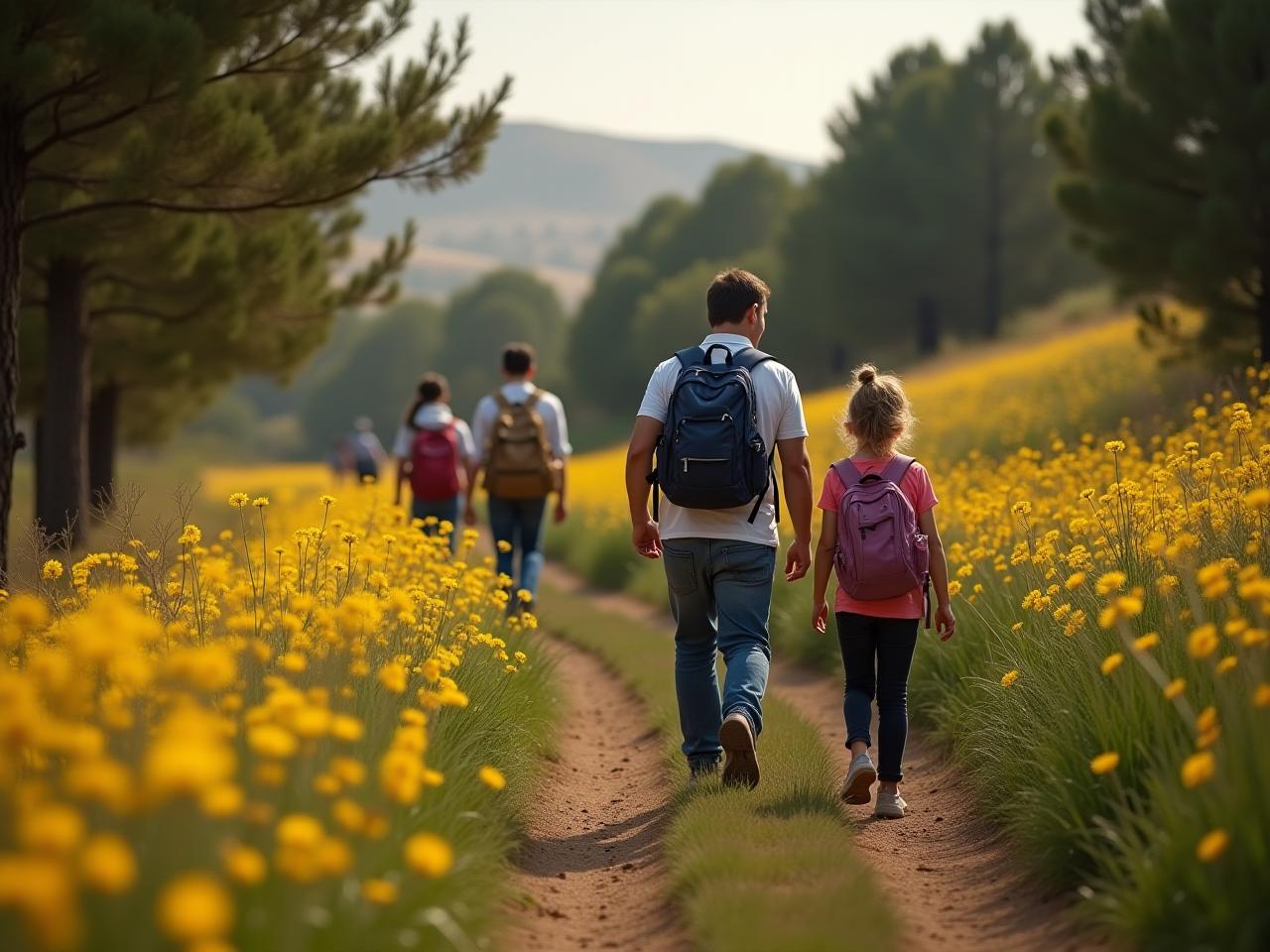 A family hiking in a blooming nature reserve in Israel, during spring.