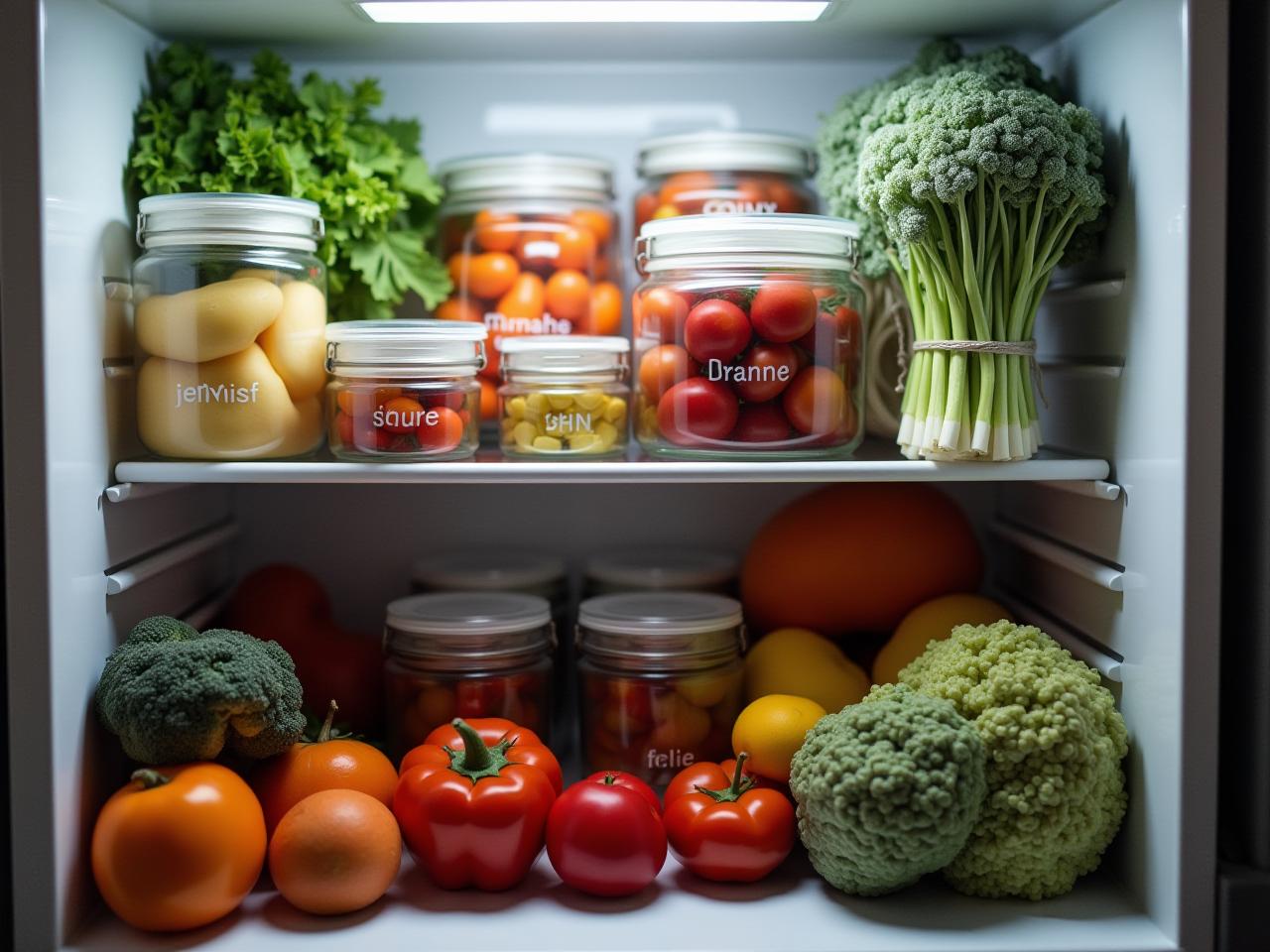 A well-organized refrigerator with labeled containers, fresh produce, and aesthetically pleasing arrangement, reflecting Jewish values of order and abundance.