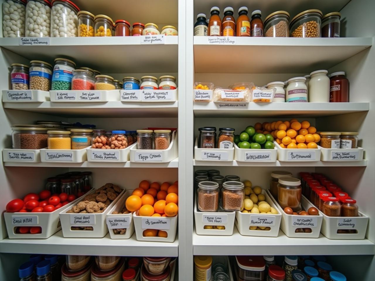 Organized kitchen pantry with labels and visible food items, symbolizing smart shopping and food storage.
