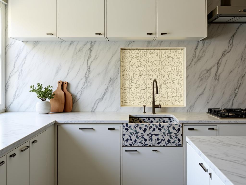 A modern kitchen with Jewish art elements like a decorated hand washing sink and Jewish themed ceramic tiles.