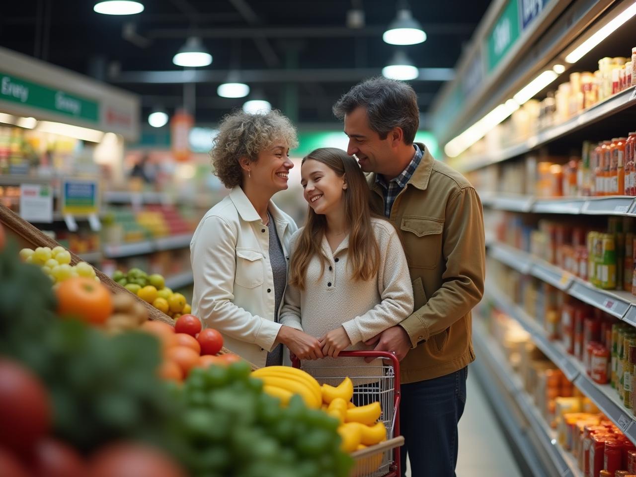 A family shopping together at a supermarket, with emphasis on comparing prices and making smart choices.