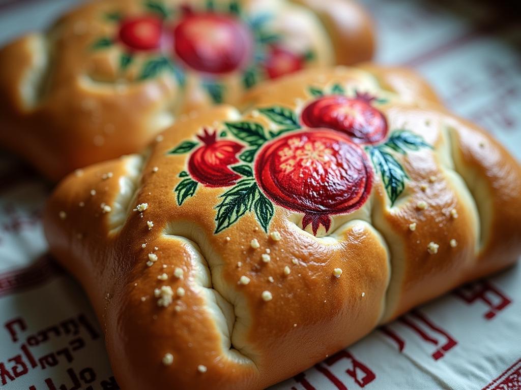 A close-up of a digitally printed challah cover with vibrant pomegranate designs, contrasting with a traditionally embroidered tallit in the background.