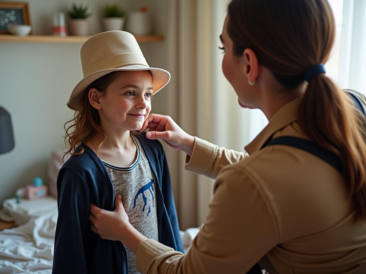 A mother helping her daughter choose a modest Purim costume