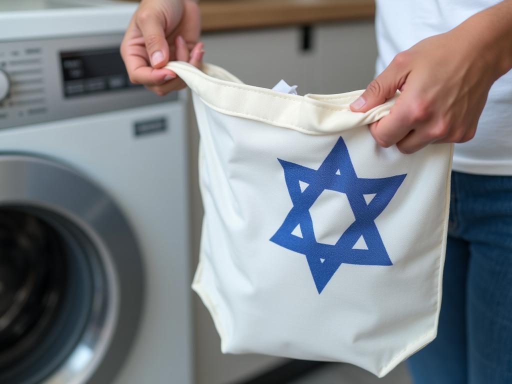 A person holding a laundry bag designed to protect Tzitzit threads during washing, with a washing machine in the background.