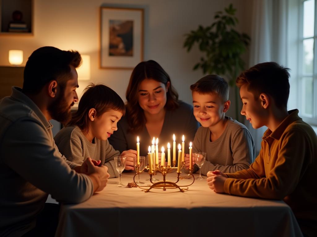 A family sitting around a Shabbat table in a modern, well-lit home with subtle smart home features visible in the background.