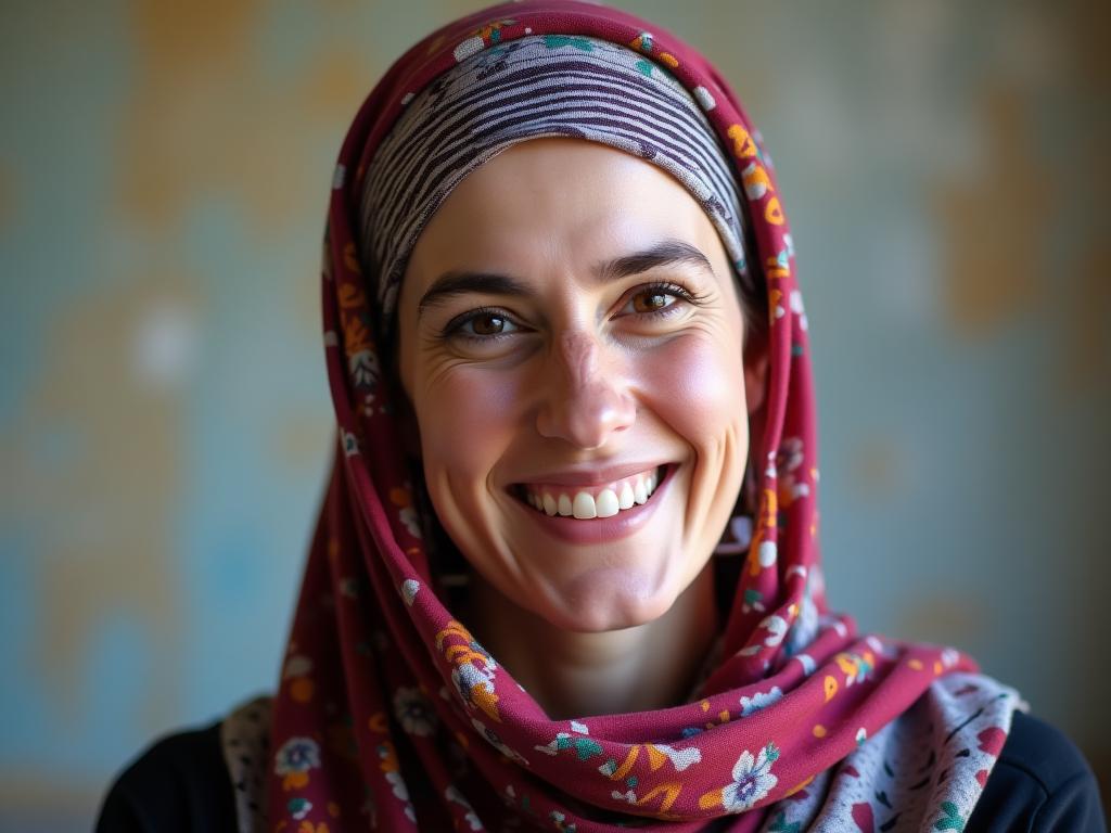 A smiling religious woman wearing a colorful scarf and a modest outfit.