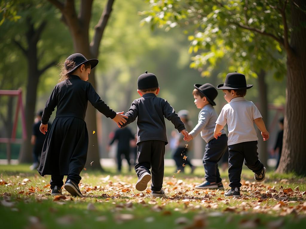 A group of Orthodox Jewish children playing in a shaded natural playground, surrounded by trees and greenery.