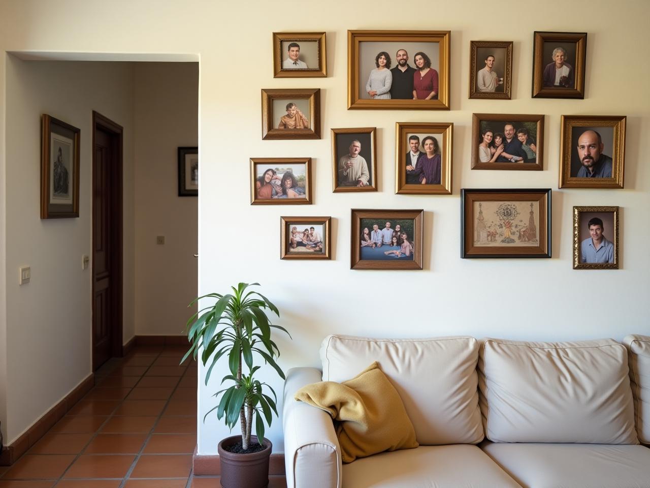 A wall in a house decorated with family photos and art, creating a warm and inviting atmosphere.