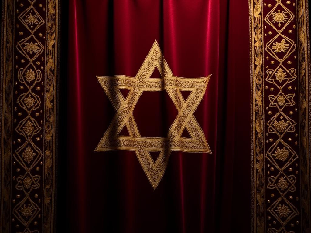 A velvet parochet (Torah curtain) with intricate gold embroidery, symbolizing Jewish tradition and artistry.
