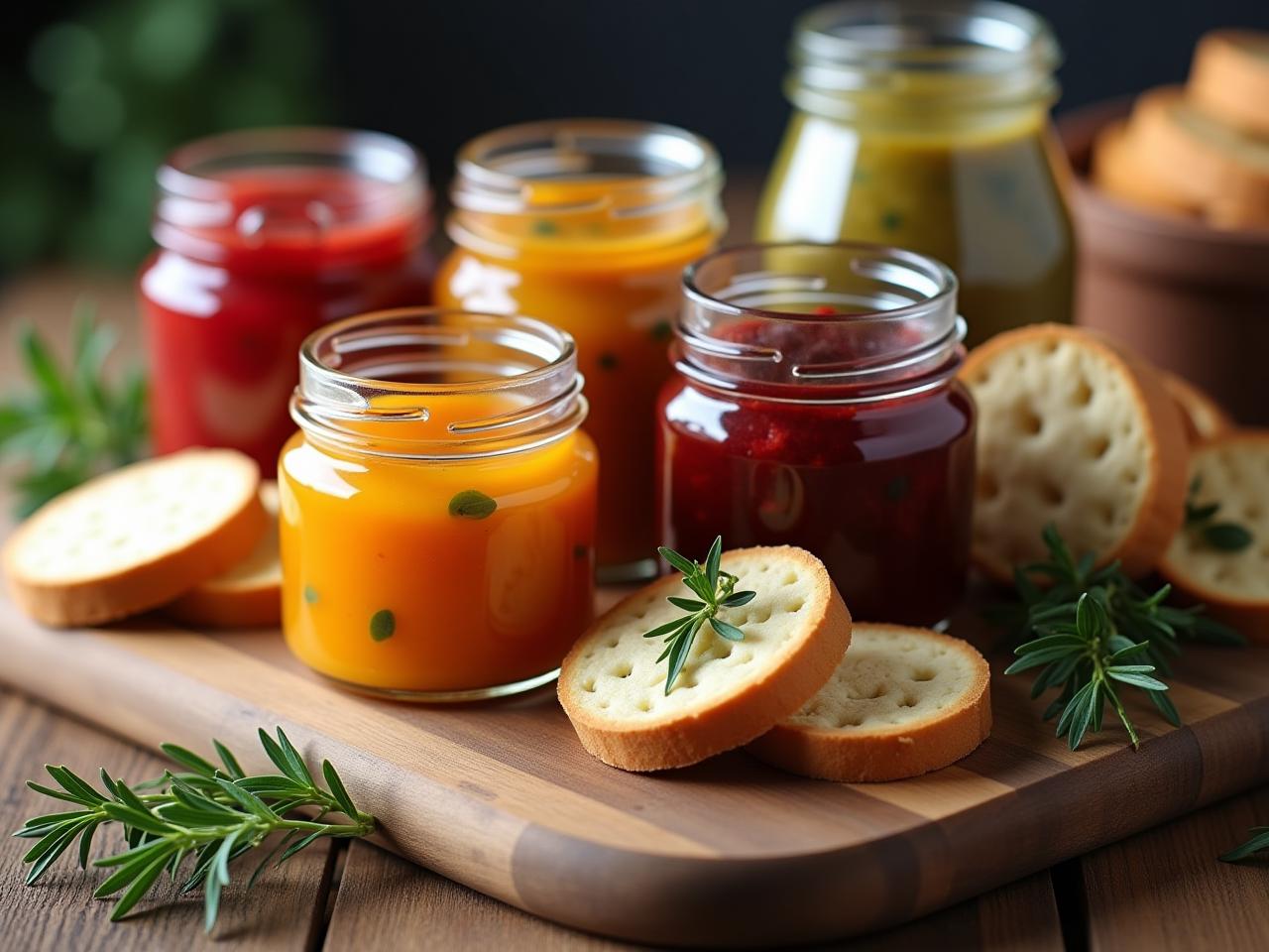 A photo of various homemade spreads and preserves in glass jars, beautifully arranged on a wooden table. There are slices of bread and crackers alongside, and fresh herbs are scattered around for decoration. The scene has a warm, inviting, and rustic feel.
