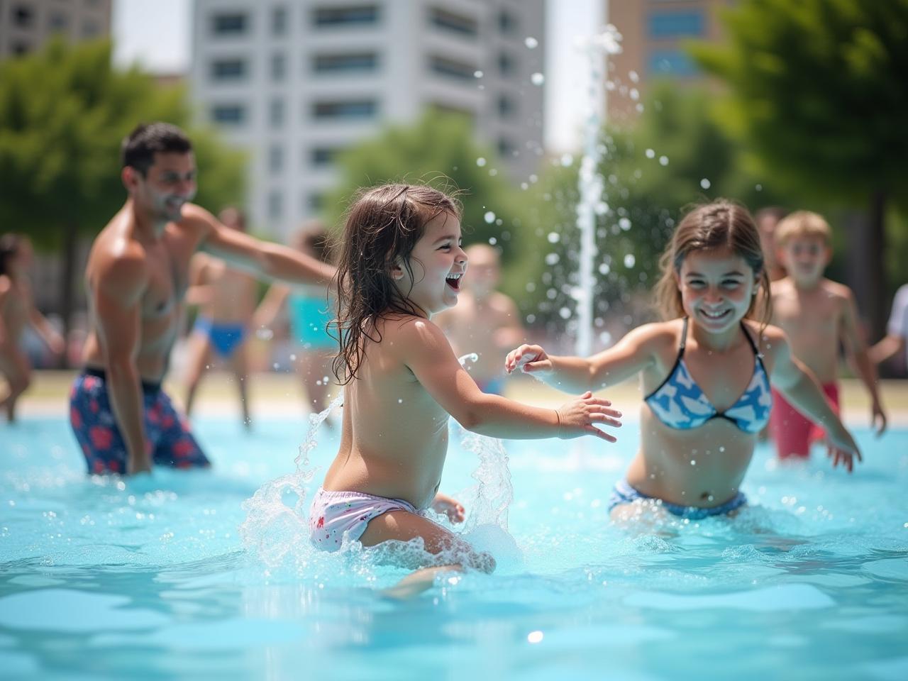 A happy family playing in a splash pad in an urban park, with modest swimwear.