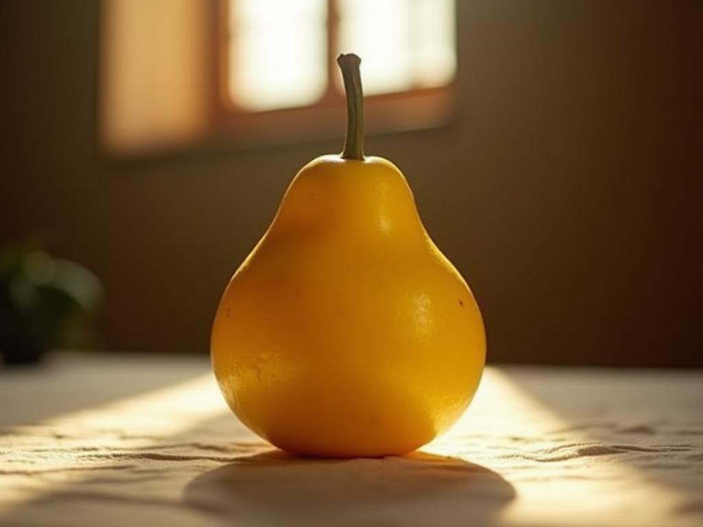 A close-up photo of an etrog on a table with light streaming through a window.