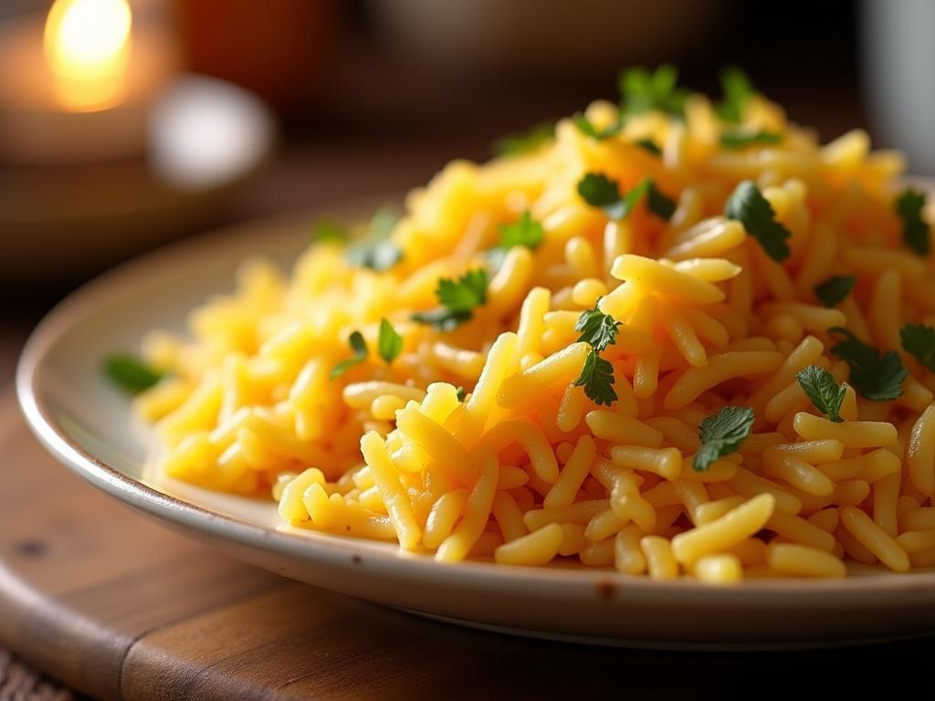 A festive rice dish for Shabbat, with a warm and inviting atmosphere.