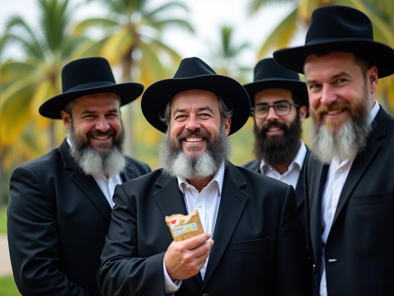 A group of young Hasidic men smiling and standing in front of a tropical Asian landscape with a kosher food package in hand.