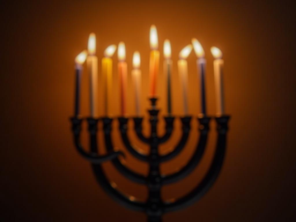 Close-up of a beautifully designed Hanukkah menorah with lit candles, reflecting a warm and inviting glow.