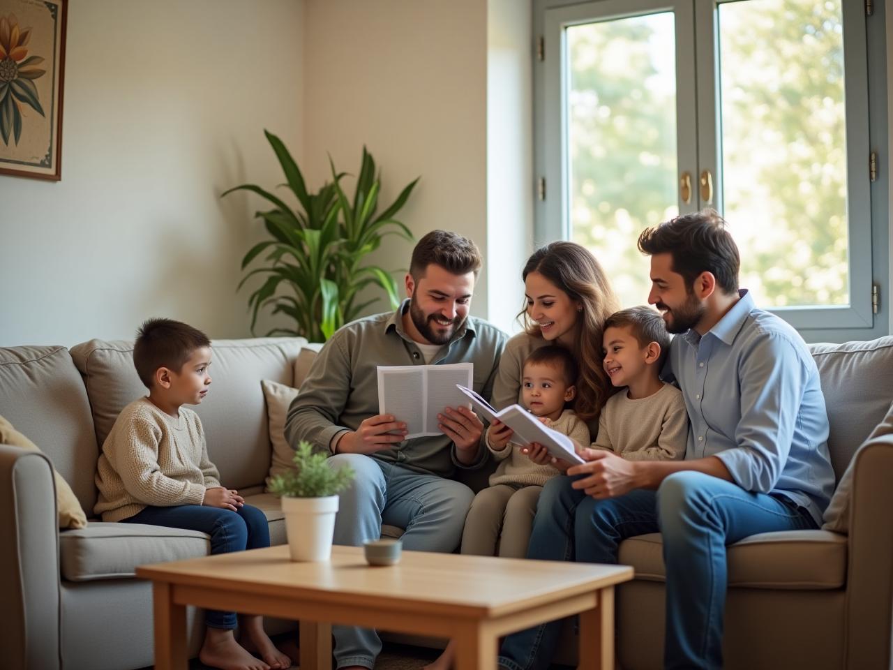 Living room with a comfortable sofa and a coffee table, with a family spending time together.