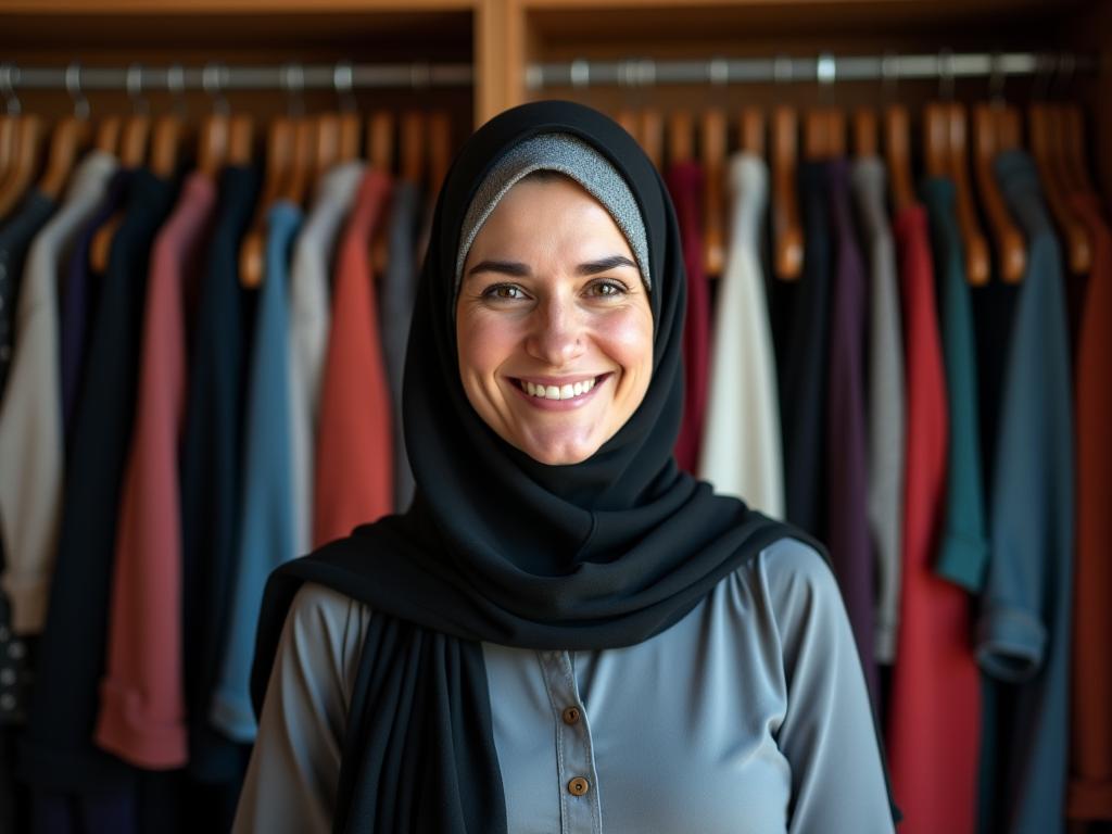 A smiling religious woman wearing modest clothing and a headscarf, standing in front of a closet filled with colorful clothes.
