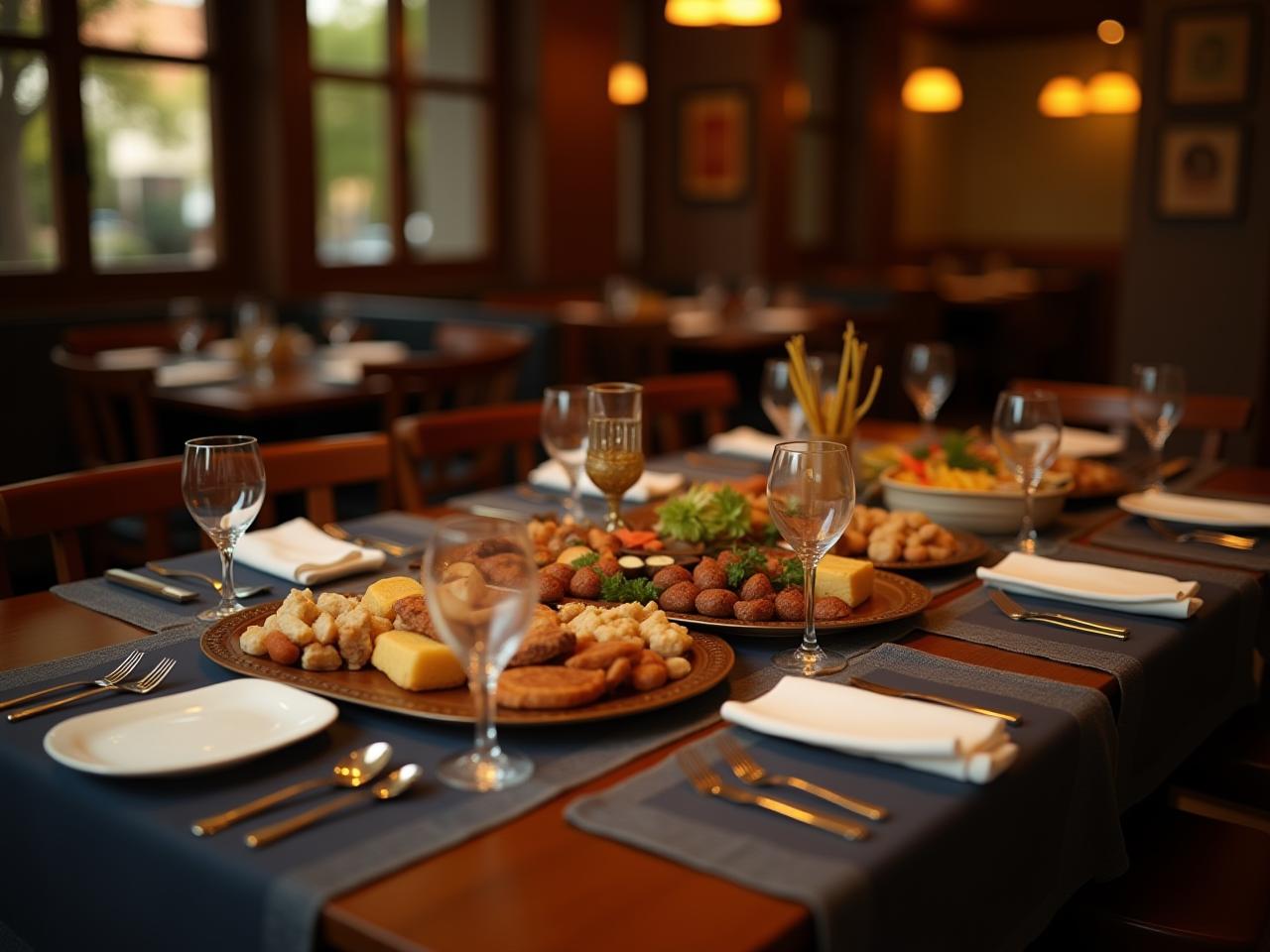 A table set with traditional Jewish food in a cozy restaurant.