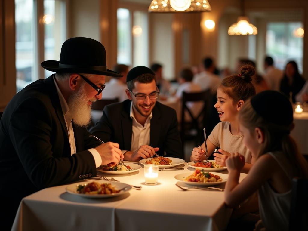 A family sitting around a table in a kosher restaurant, enjoying their meal. The father is a young Haredi man, and the children are smiling.
