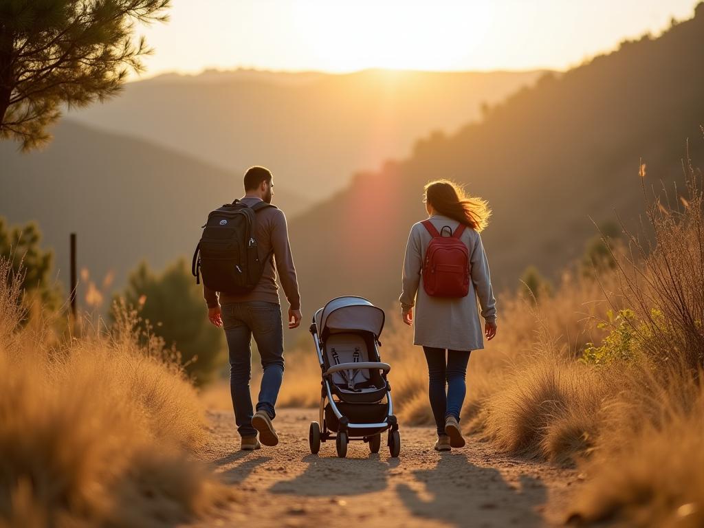 Family with stroller hiking in nature