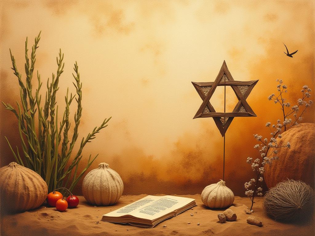A desert-style Jewish art piece featuring natural textures and earthy colors, evoking a sense of spirituality and connection to tradition.