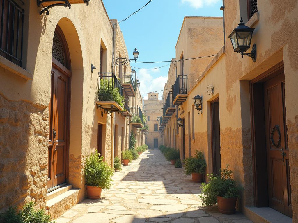 An artistic depiction of the ancient city of Safed, with a focus on the unique Jewish art found within its synagogues and alleyways.