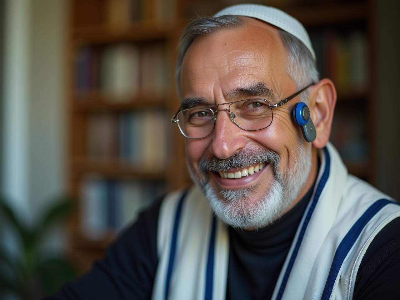 A religious man with a hearing aid smiling gently.