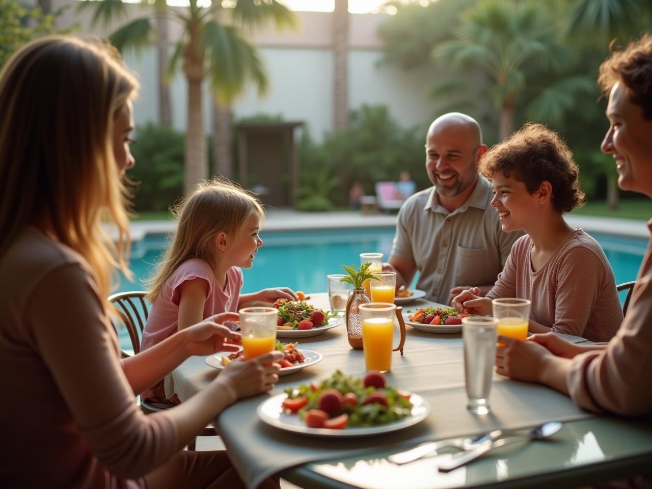 A family enjoys a kosher meal at a spa resort with separate pools for men and women.
