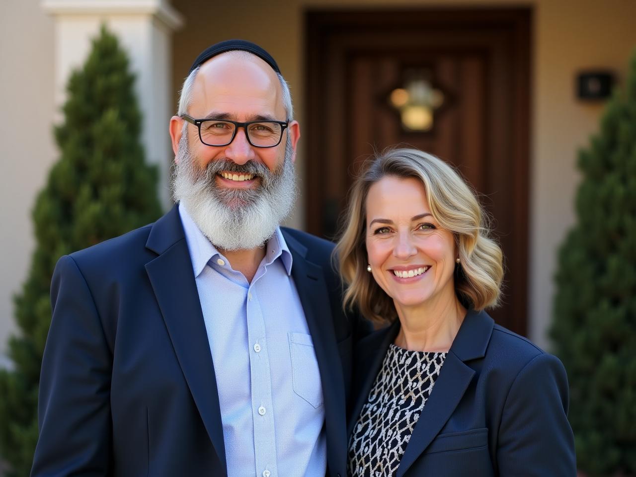 Mendy Greenberg, a Chabad emissary, smiling with his wife, standing in front of their Chabad house. The image is warm and inviting.