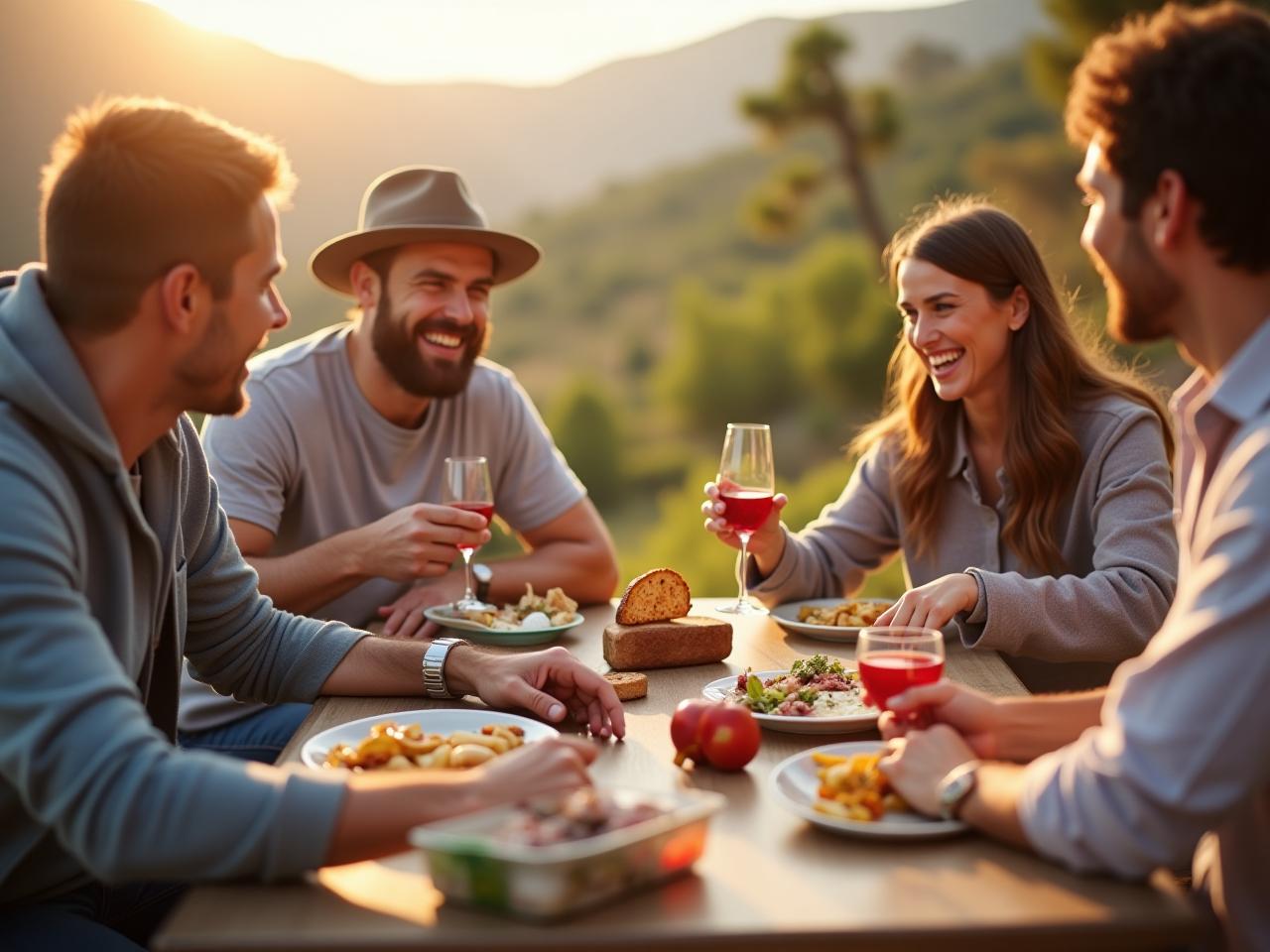 Family enjoying a kosher meal outdoors during a hike.