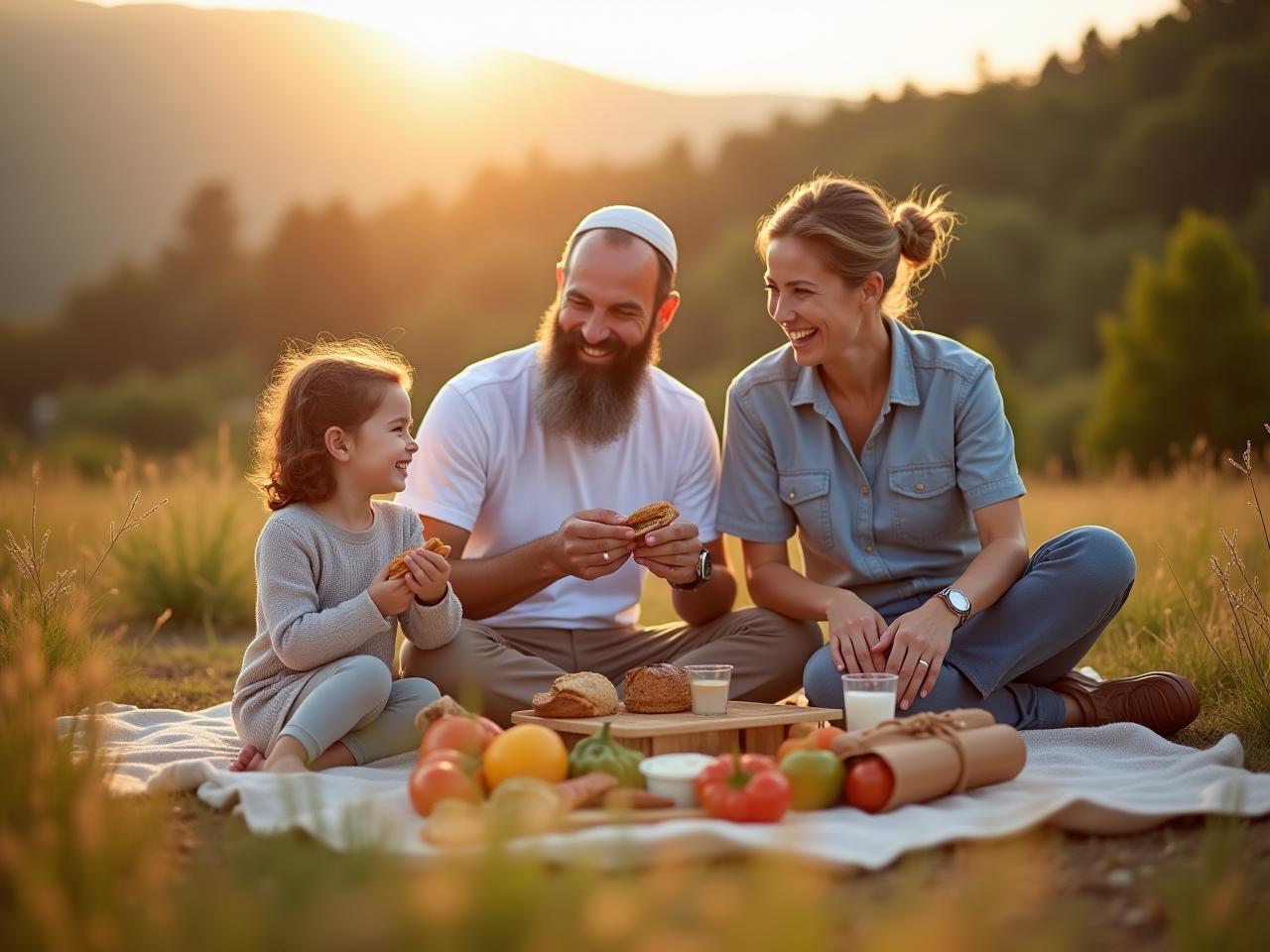 A happy religious family hiking in nature, enjoying a kosher picnic.