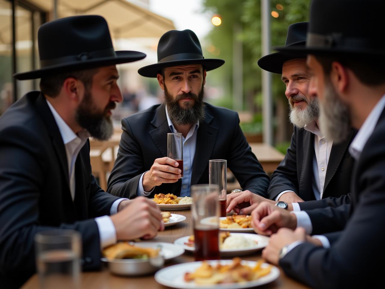 A group of young Haredi men enjoying a kosher meal at an outdoor restaurant in Europe.