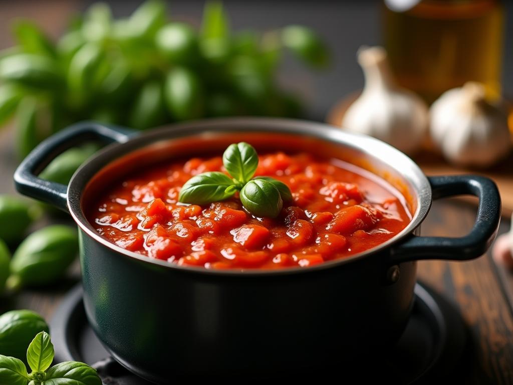 A pot of homemade tomato sauce simmers on the stove, surrounded by fresh basil, garlic, and olive oil.