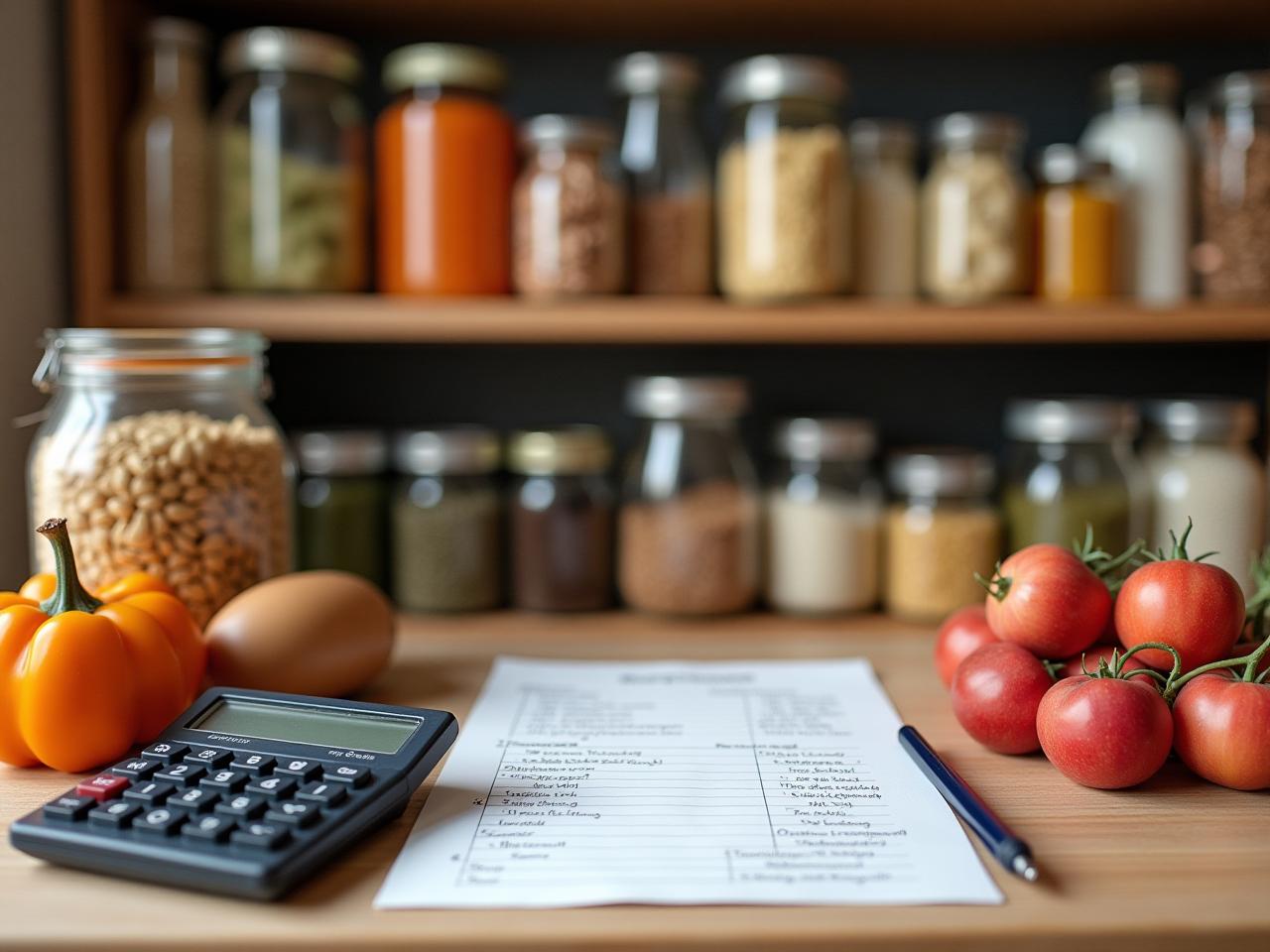 Image of a well-organized pantry with various kosher food items, alongside a calculator and a shopping list.