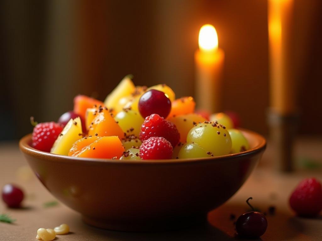 A colorful fruit salad in a bowl, with a honey drizzle and some spices sprinkled on top. A warm, inviting setting with Shabbat candles in the background.
