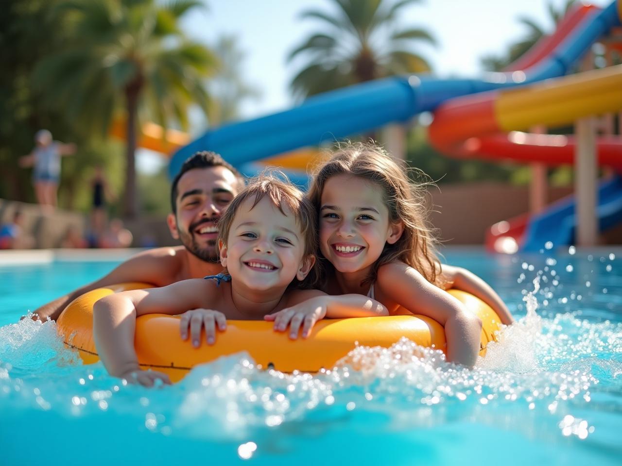 A happy religious Jewish family enjoying a water park attraction.