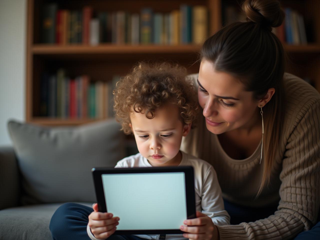 A child using a tablet with a concerned parent looking over their shoulder. The background is a cozy living room with religious books on a shelf.