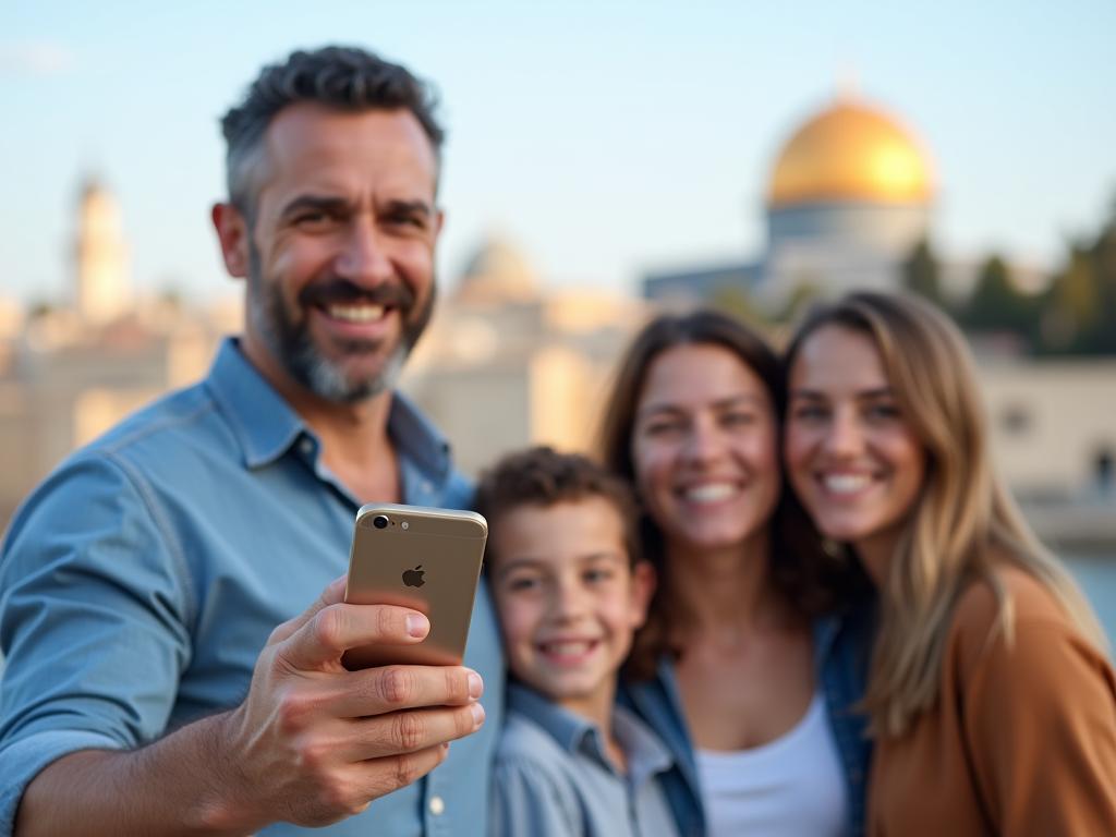Yonatan Friedman holding a smartphone with a travel app open, with a smiling family in the background in front of a famous landmark.