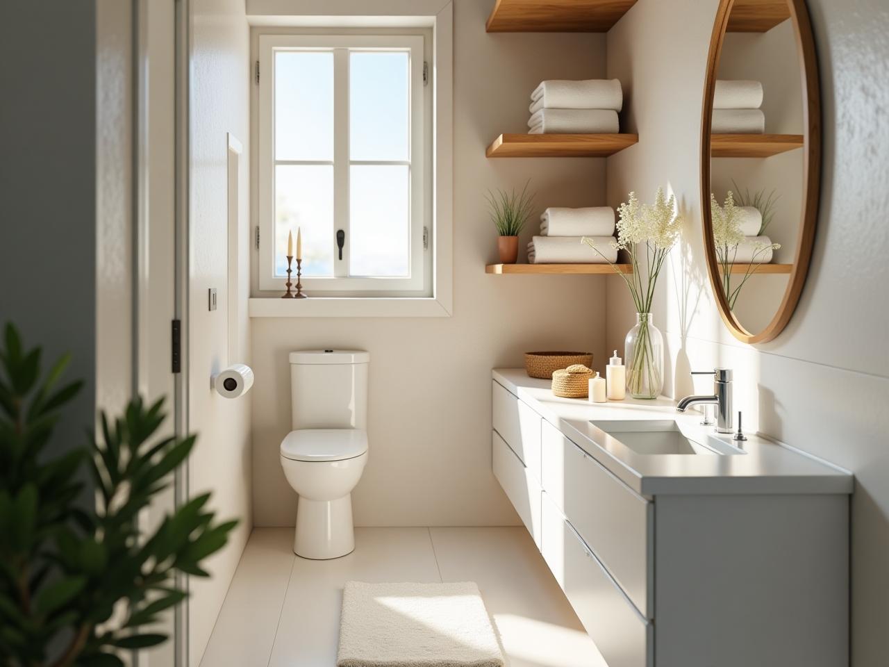 A small, beautifully organized bathroom with natural light and minimalist decor, featuring wooden shelves, rolled towels, and a small plant.